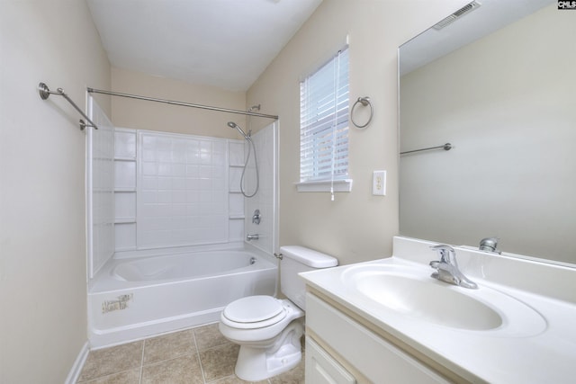 full bathroom featuring toilet, bathing tub / shower combination, tile patterned floors, and vanity