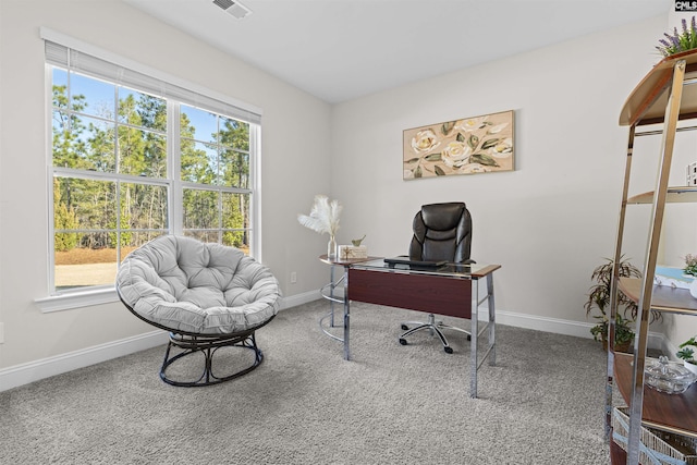 office space with carpet flooring, visible vents, and baseboards