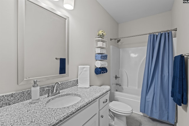 bathroom with shower / tub combo, vanity, toilet, and tile patterned floors