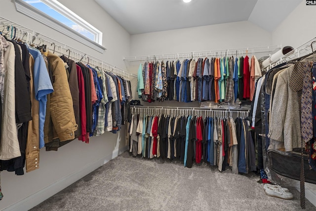 walk in closet featuring vaulted ceiling and carpet floors