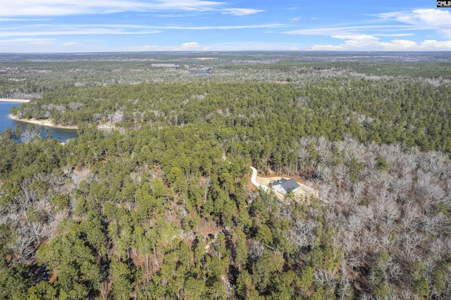 birds eye view of property featuring a water view and a view of trees