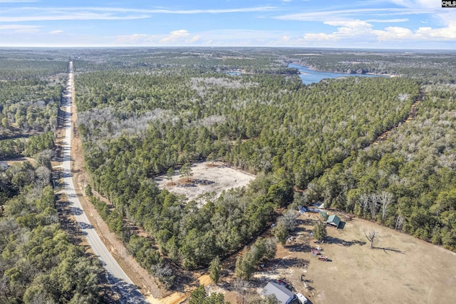 birds eye view of property featuring a water view and a wooded view