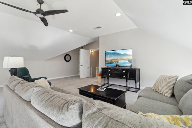 living room with ceiling fan, light carpet, and lofted ceiling