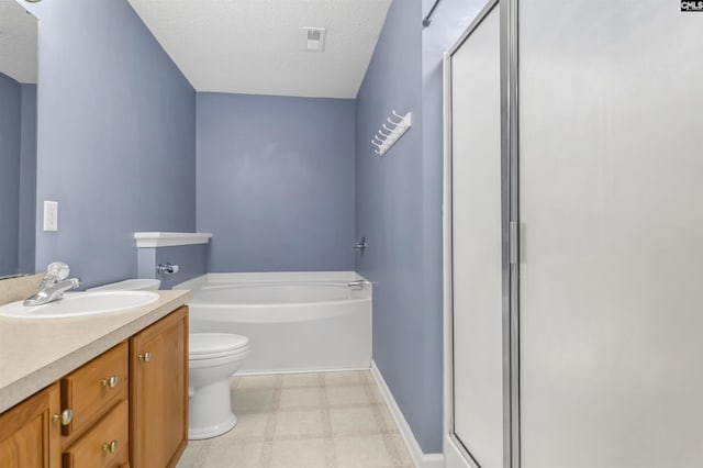 full bathroom featuring a textured ceiling, toilet, plus walk in shower, and vanity