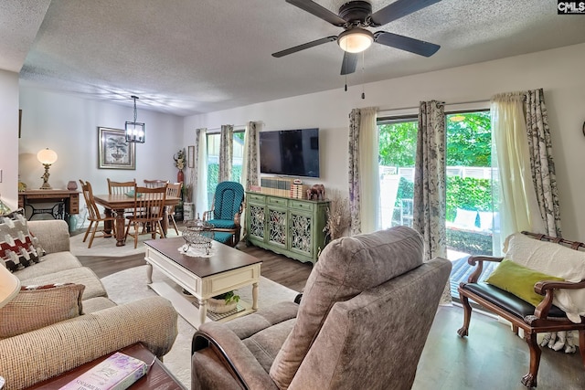 living room with a textured ceiling, ceiling fan with notable chandelier, and hardwood / wood-style flooring