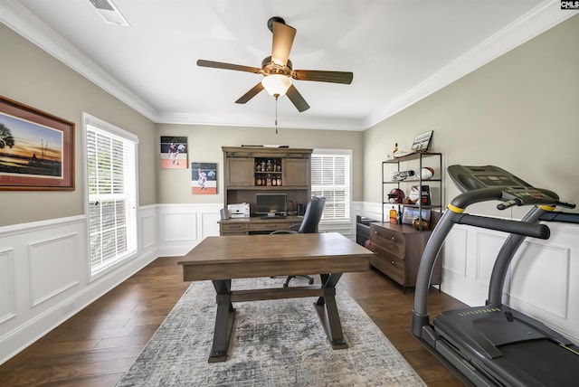 office featuring ceiling fan, dark hardwood / wood-style flooring, and crown molding