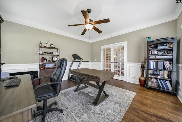 office space featuring ceiling fan, dark hardwood / wood-style floors, crown molding, and french doors