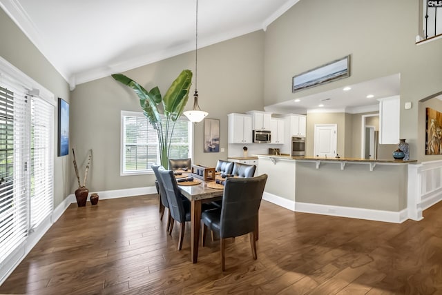 dining room featuring crown molding, dark hardwood / wood-style floors, and high vaulted ceiling