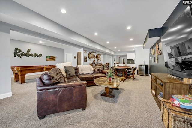 living room featuring pool table and light carpet