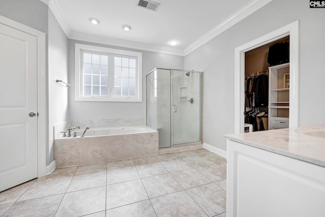 bathroom featuring vanity, tile patterned flooring, independent shower and bath, and ornamental molding