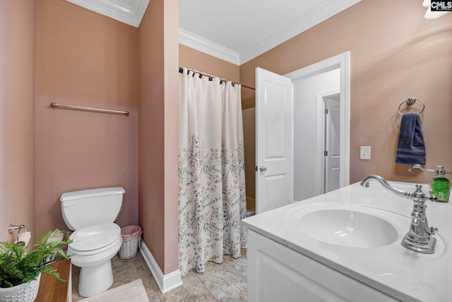 bathroom with toilet, vanity, ornamental molding, and tile patterned flooring