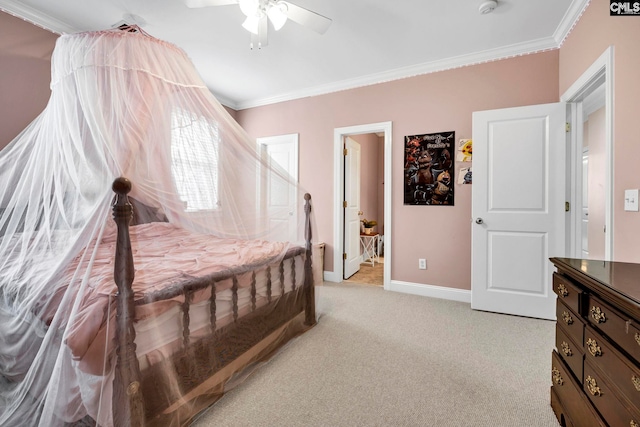 bedroom with ceiling fan, crown molding, and light colored carpet