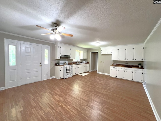 kitchen with a textured ceiling, white cabinetry, sink, ornamental molding, and electric range