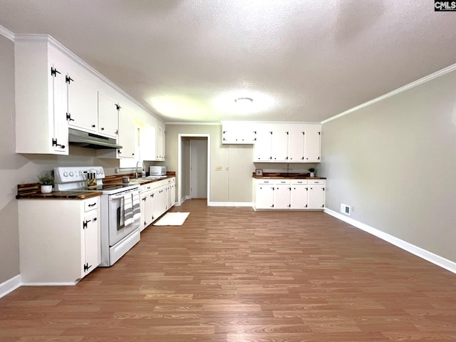 kitchen featuring white cabinetry, white electric range oven, light hardwood / wood-style flooring, and ornamental molding