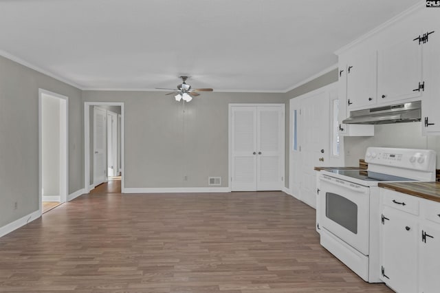 kitchen with ceiling fan, white cabinets, white range with electric stovetop, and ornamental molding