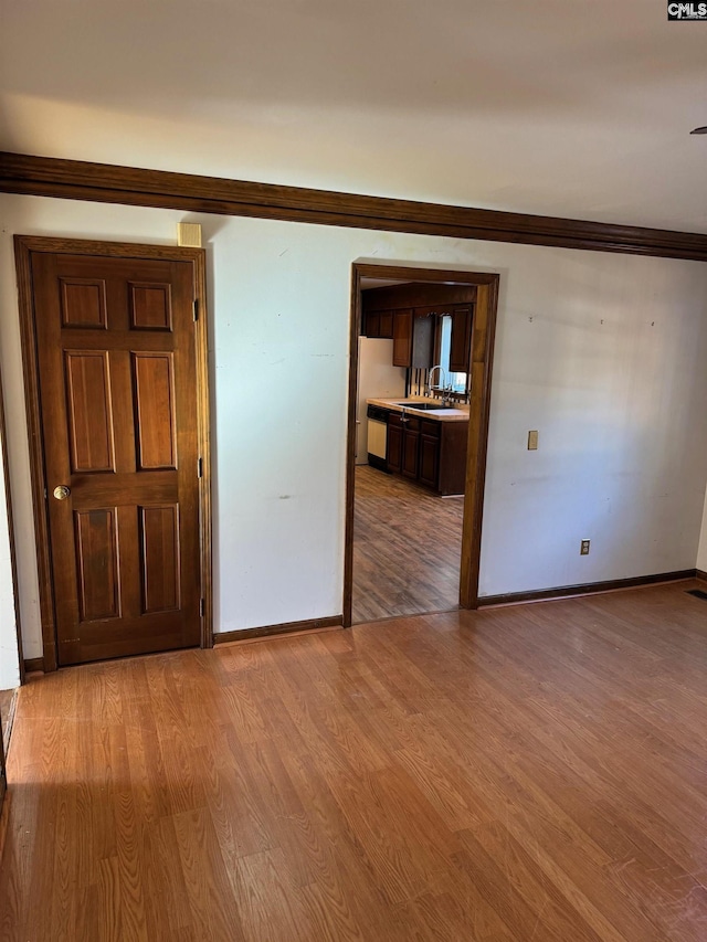 empty room featuring light hardwood / wood-style floors, sink, and crown molding