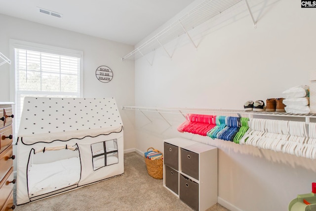 spacious closet featuring light carpet