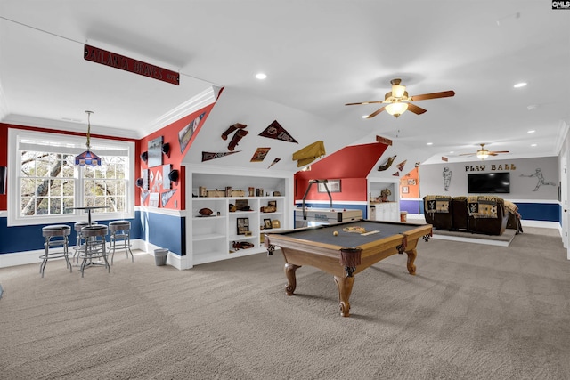 rec room with ceiling fan, crown molding, carpet flooring, built in shelves, and pool table