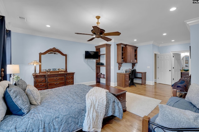 bedroom with ceiling fan, light hardwood / wood-style floors, and ornamental molding