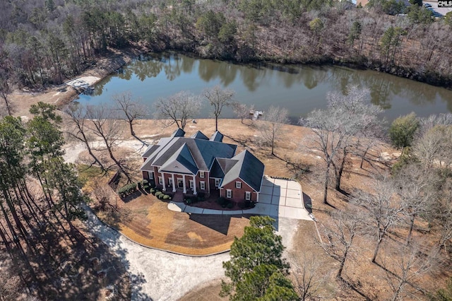 drone / aerial view featuring a water view