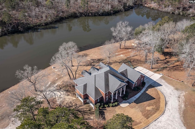 bird's eye view with a water view