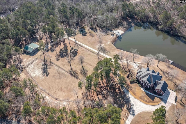 drone / aerial view featuring a water view