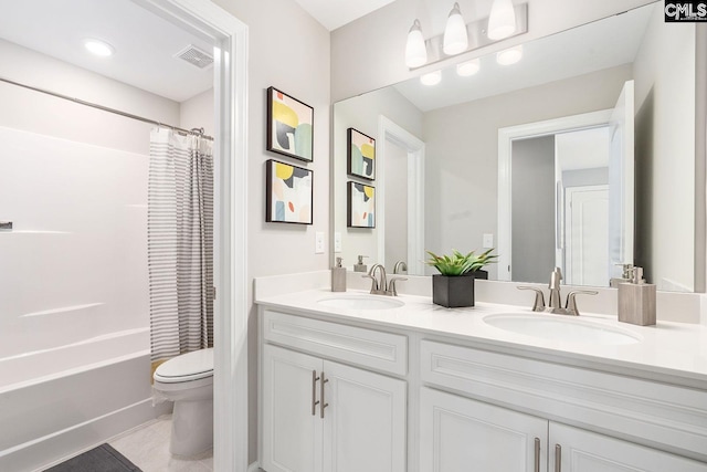 full bathroom with toilet, shower / tub combo, visible vents, and a sink