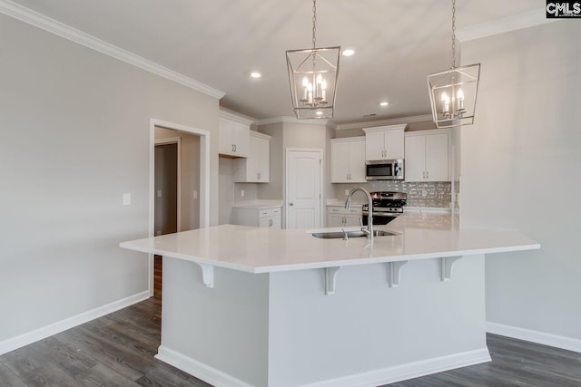 kitchen featuring white cabinets, a large island with sink, and stainless steel appliances