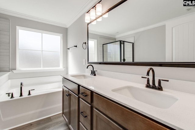 full bathroom with crown molding, visible vents, a sink, and a shower stall