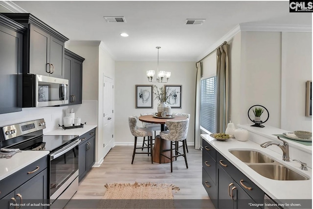 kitchen featuring visible vents, appliances with stainless steel finishes, a sink, and ornamental molding