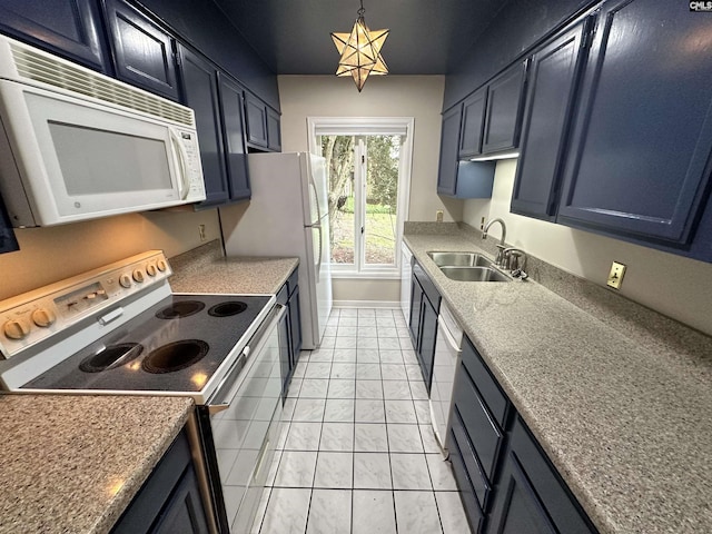 kitchen with blue cabinets, sink, decorative light fixtures, light tile patterned floors, and white appliances