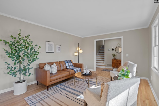 living room with light wood-type flooring and crown molding