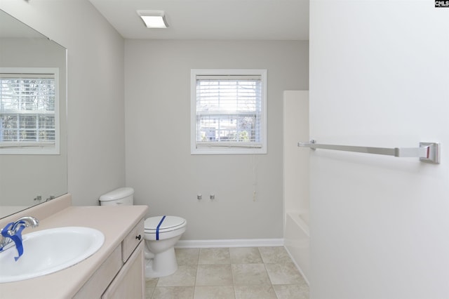 bathroom with toilet, vanity, and tile patterned floors