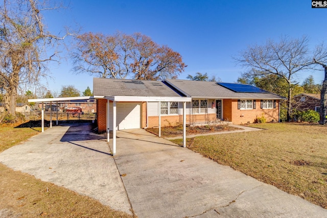 single story home featuring a front lawn, a garage, a porch, and a carport