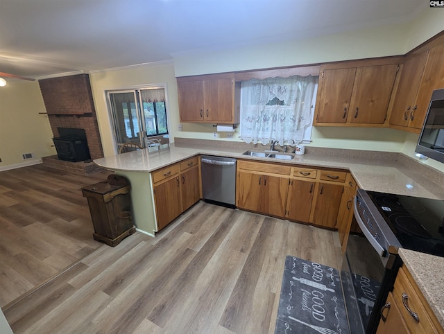 kitchen with sink, kitchen peninsula, range with electric stovetop, light wood-type flooring, and stainless steel dishwasher