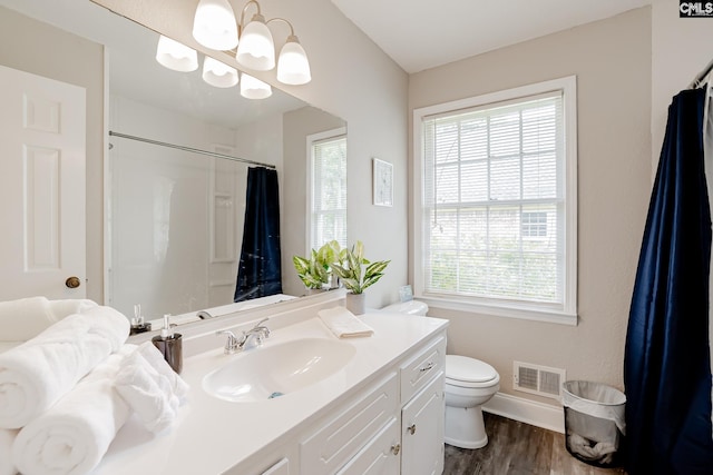 bathroom featuring vanity, toilet, walk in shower, and hardwood / wood-style floors