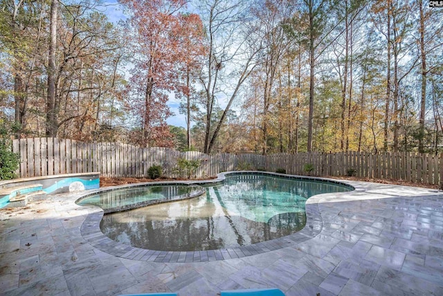 view of pool featuring an in ground hot tub and a patio