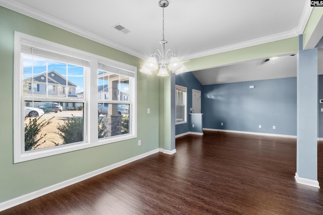 unfurnished dining area with a chandelier, crown molding, dark wood-type flooring, and lofted ceiling