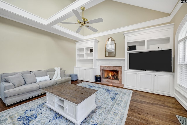 106 Stonebrook Dr, Blythewood, SC 29016 - living room with ceiling fan, dark hardwood / wood-style floors, a high end fireplace, and crown molding