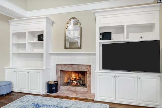 106 Stonebrook Dr, Blythewood, SC 29016 - unfurnished living room with dark wood-type flooring, built in shelves, and a fireplace