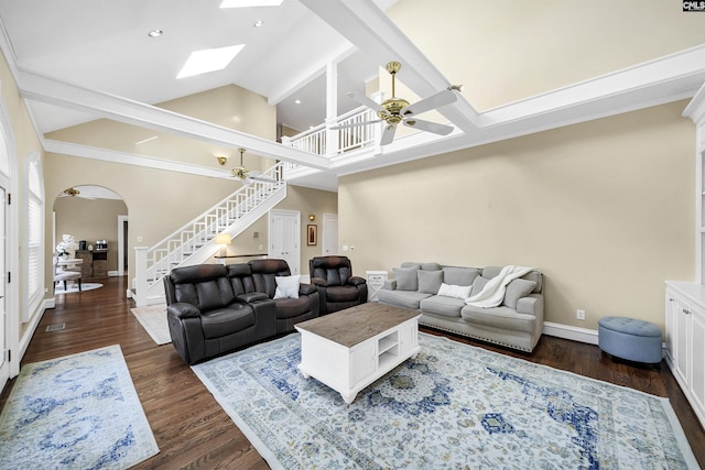 106 Stonebrook Dr, Blythewood, SC 29016 - living room with ceiling fan, dark hardwood / wood-style floors, and a skylight