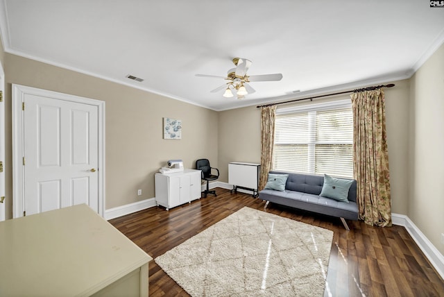 106 Stonebrook Dr, Blythewood, SC 29016 - sitting room with dark wood-type flooring, ceiling fan, and ornamental molding