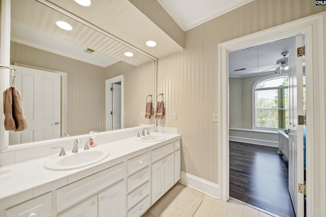 106 Stonebrook Dr, Blythewood, SC 29016 - bathroom with tile patterned flooring, vanity, ceiling fan, and ornamental molding