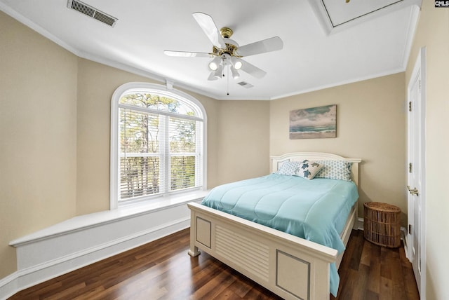 106 Stonebrook Dr, Blythewood, SC 29016 - bedroom featuring ceiling fan, dark wood-type flooring, and ornamental molding