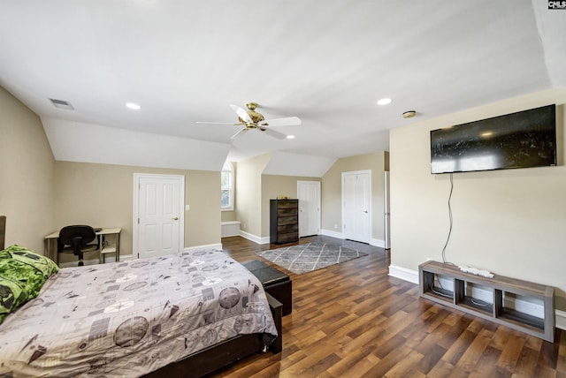 106 Stonebrook Dr, Blythewood, SC 29016 - bedroom featuring ceiling fan, vaulted ceiling, and dark hardwood / wood-style flooring