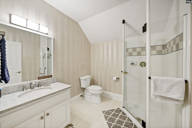 106 Stonebrook Dr, Blythewood, SC 29016 - bathroom featuring lofted ceiling, tile patterned flooring, vanity, toilet, and a shower with shower door