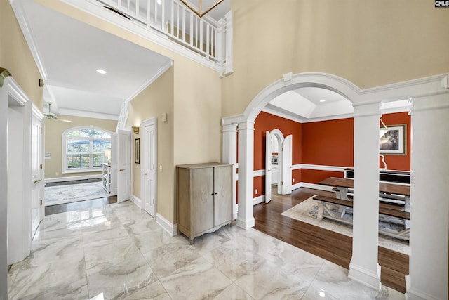 106 Stonebrook Dr, Blythewood, SC 29016 - foyer entrance featuring decorative columns, ceiling fan, and ornamental molding