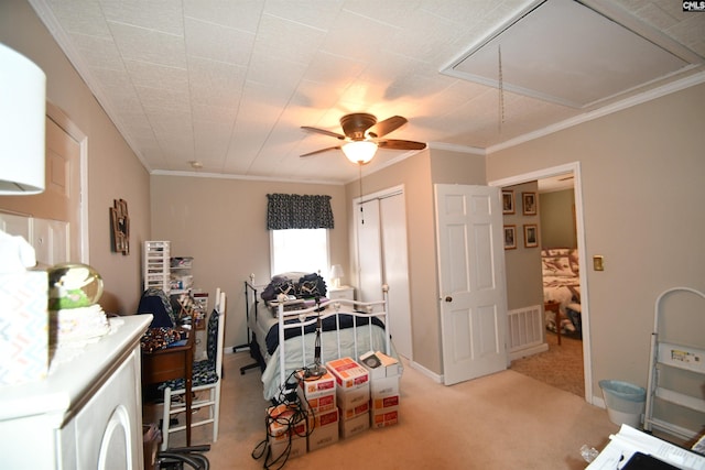 carpeted bedroom with ceiling fan and ornamental molding