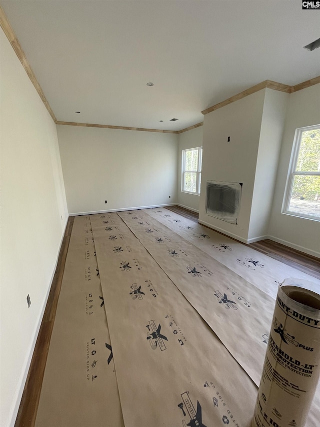 unfurnished living room featuring heating unit, a fireplace, plenty of natural light, and ornamental molding