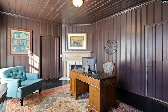 home office with crown molding and wood ceiling